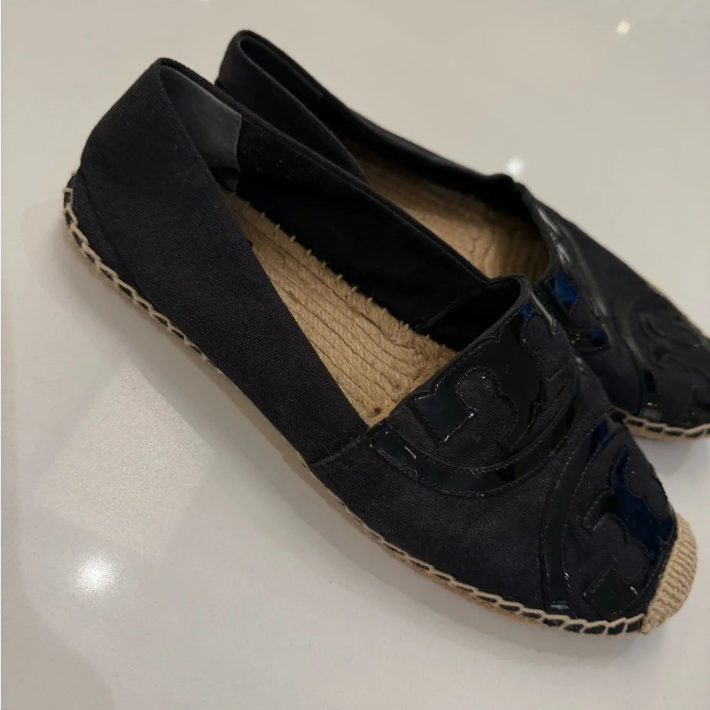 Tory Burch Poppy‎ Espadrille Flats Black Canvas Patent Leather Logo 10M